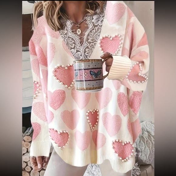 Sweaters - Luxe Heart Print Pearl Knit Sweater Top White Pink